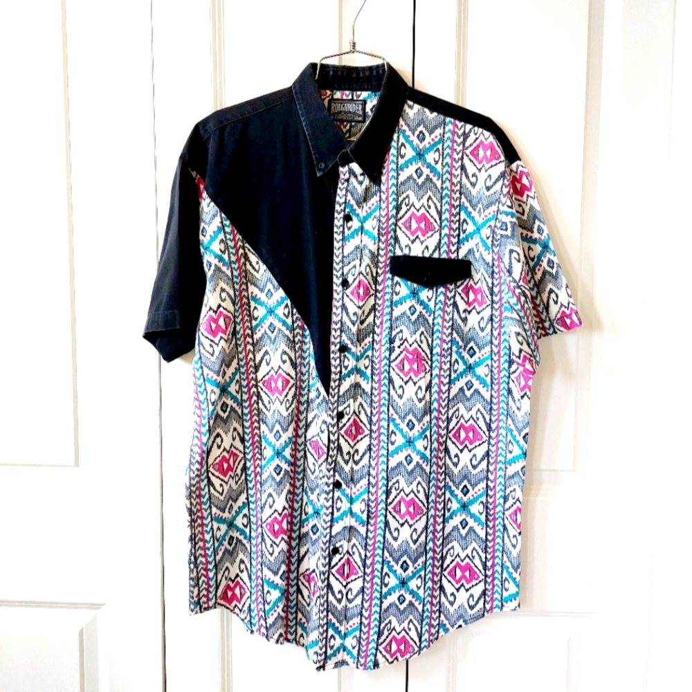 90s Western Short Aztec Print Sleeve Button Shirt Roughrider approx Large‎